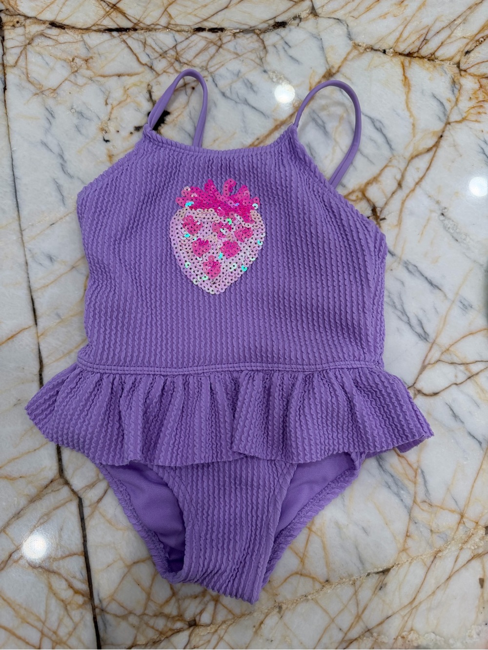 Girls' Purple Seersucker One-Piece Swimsuit with Sequin Strawberry